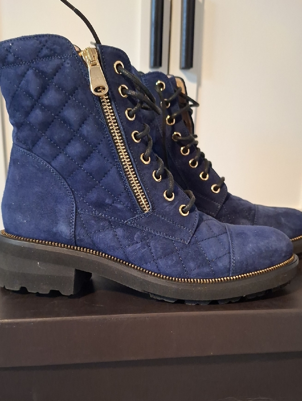 Ron White Quilted Navy Suede Lace-Up Ankle Boots with Side Zip